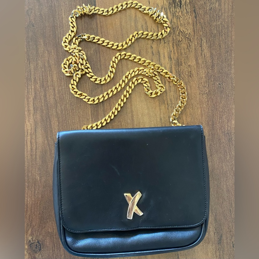 Paloma Picasso, black leather mini bag, gold hardware crossbody authentic Vtg
